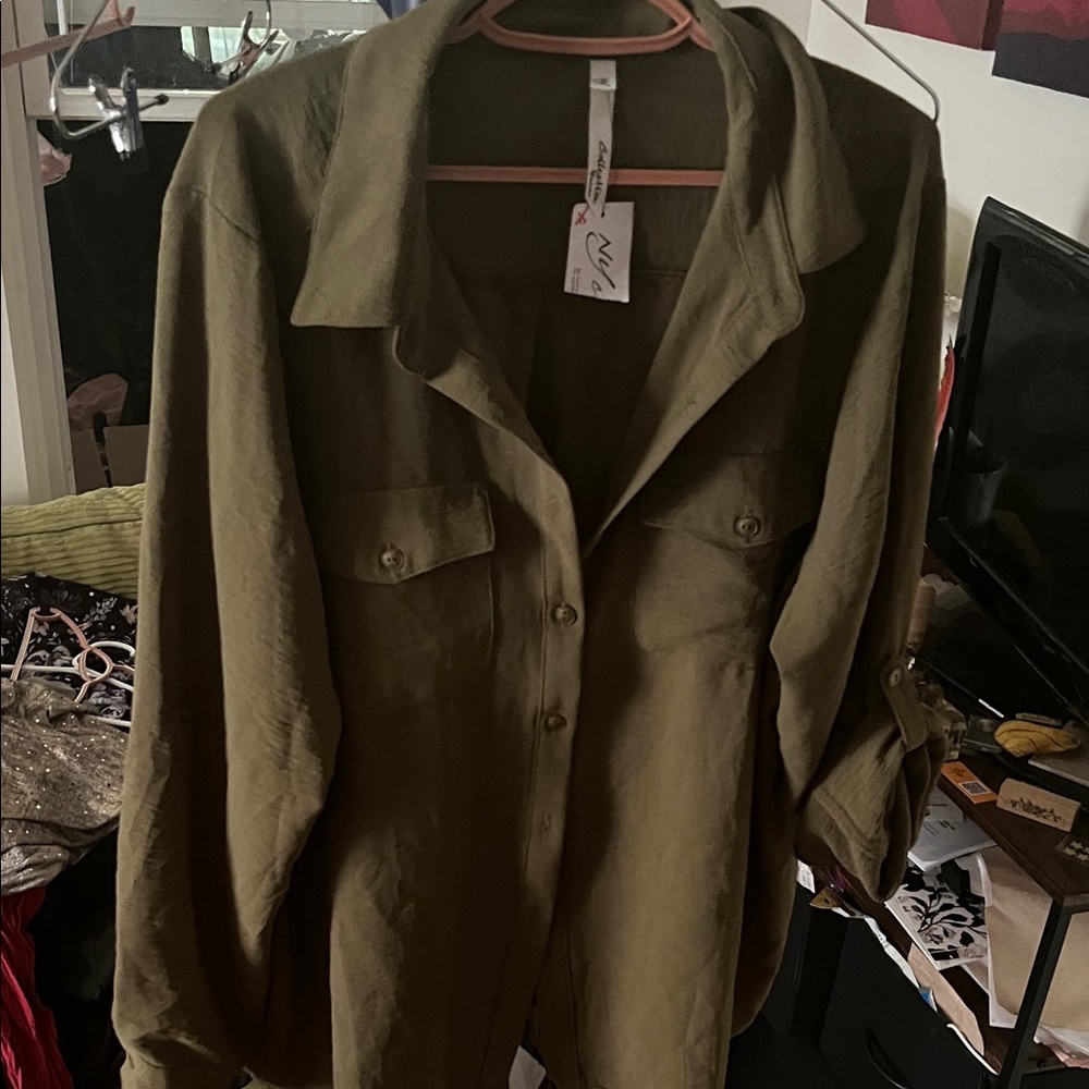 NY Collection Olive Button Down Shirt for Women